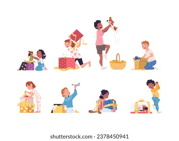 Children opening gifts. Kid boys and girls unwrap presents, excited children unpacking gift box, birthday celebration christmas surprise, child gifting classy vector illustration of children with gift