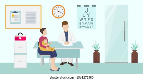 Children ophthalmology and healthcare flat vector illustration. Baby with mother visiting male doctor oculist sitting in office for consultation and eyes and vision test.