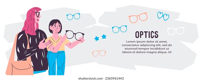 Children optics banner or flyer design for eye clinics, optometrists, and children eyewear retailers, vector illustration. Background design for optometry.