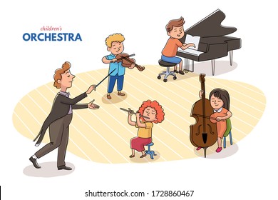 Children orchestra. Conductor direction leading concert. School classic band. Kid playing violin, piano, pipe, double-bass musical instrument. Music performance on stage. Pupil acoustic little star