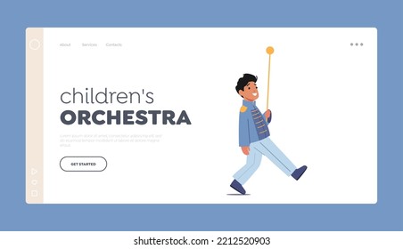 Children Orchestra Landing Page Template. Little Boy Character with Stick March at Military Orchestra. Kid Wear Festive Uniform Take Part in March Parade Event. Cartoon People Vector Illustration