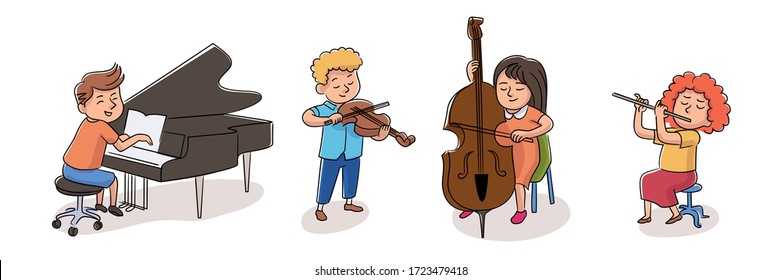 Children Orchestra Musician Set Isolated On White Background. Violinist, Pianist, Pipe And Double-bass Player. Kid Playing Classic Musical Instrument. Ensemble Music Performance. Pupils Hobby. Vector