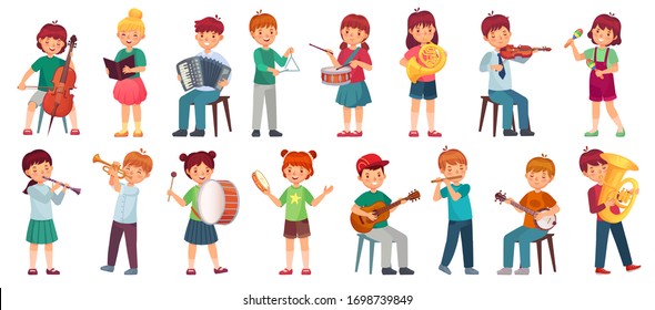 Children orchestra play music. Child playing ukulele guitar, girl sing song and play drum. Kids musicians with music instruments vector illustration set. Kids play maracas , trumpet or tambourine