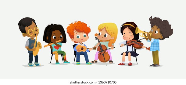 Children Orchestra Play Various Music. Girl with Violin. Classroom Teenage Education. Funny Entertainment Party. Teamwork Instrument Acoustic Performance Flat Cartoon Vector Illustration