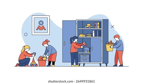 Children organizing toys and belongings into a cabinet for better storage solutions