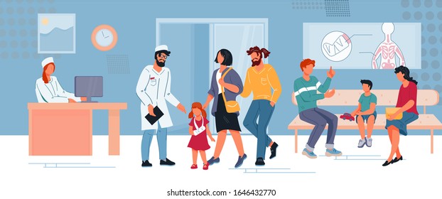 Children orthopedic or surgery dept hospital or clinic banner with doctor and injured little patient. Children medicine and medical insurance concept. Family healthcare. Flat vector illustration.
