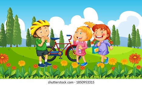 Children at ourdoor nature background illustration