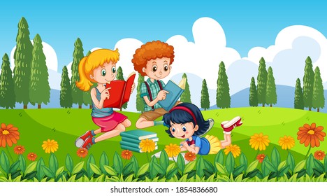Children at ourdoor nature background illustration