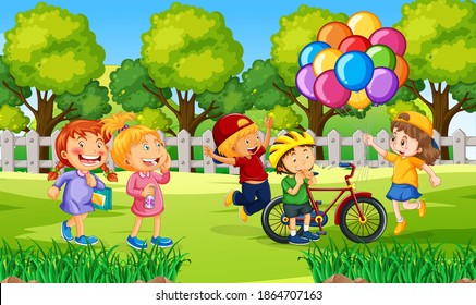 Children at ourdoor nature background illustration