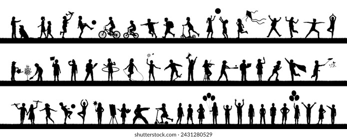 Children in outdoor activities hobbies and sports on grass field silhouettes set collection.	