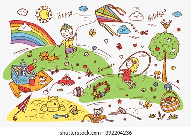 Children Outdoor Activities. Summer Camp or holidays. Summer vacation. Happy children playing in the Park. Kids at the picnic. Hand drawn doodle Childhood set. Background for kids