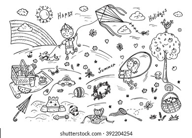 Children Outdoor Activities. Summer Camp or holidays. Summer vacation. Happy children playing in the Park. Kids at the picnic. Hand drawn doodle Childhood set. Background for kids