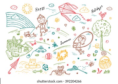 Children Outdoor Activities. Summer Camp or holidays. Summer vacation. Happy children playing in the Park. Kids at the picnic. Hand drawn doodle Childhood set. Background for kids