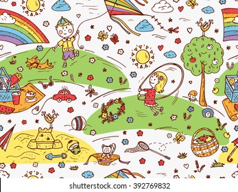 Children Outdoor Activities. Summer Camp Or Holidays. Summer Vacation. Happy Children Playing In The Park. Kids At The Picnic. Hand Drawn Doodle Childhood Seamless Pattern. Background For Kids