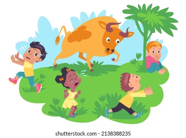 Children outdoor fears. Scared kids running away from angry bull. Screaming girls and boys escape from ox. Dangerous animal situation. Frightened people and fearful