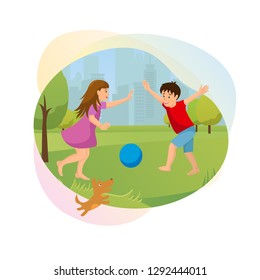 Children Outdoor Fun Cartoon Vector Banner. Smiling Preschooler Boy and Girl Running Barefoot on Grass with Dog, Playing Ball in City Park Illustration Isolated on White Background. Happy Childhood