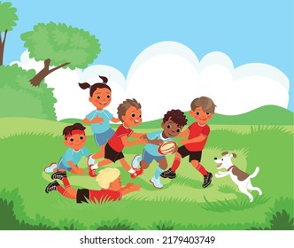 Children outdoor sport. Kids playing rugby in park. Boys and girls having fun in nature. Young athletes with ball. Active game match. Happy players. Summer leisure