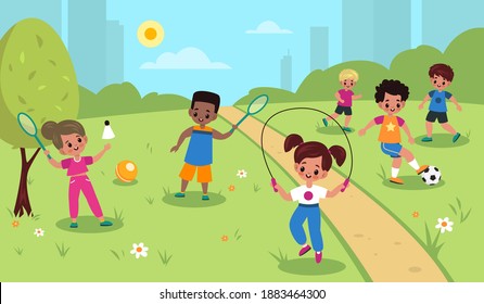 Children outdoor sport. Kids summer outdoor physical activities, cute girls and boys park games, football, badminton and skipping rope. Little friends play together vector cartoon childhood concept