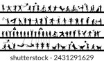 Children outdoor various activities hobbies and sports in row black silhouettes set large collection. Kids playing together outside black silhouettes.	