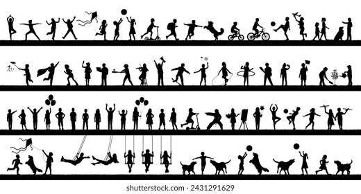 Children outdoor various activities hobbies and sports in row black silhouettes set large collection. Kids playing together outside black silhouettes.	