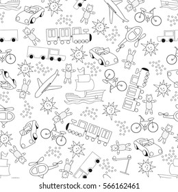 Children outline seamless pattern for boys on white background . Pattern can be used for fabric, printing on baby bedding, wallpaper, backpacks