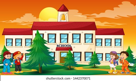 Children outside school scene illustration