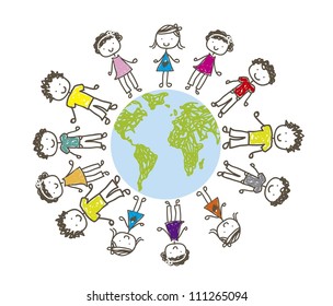 children over planet drawing over white background. vector