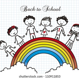 children over rainbow, back to school. vector illustration