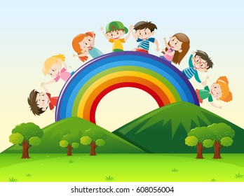 Niños sobre la ilustración del arco iris