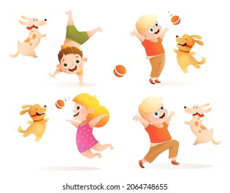 Children owners and dogs fetching ball, boy and girl dog owner training doggy, laughing and play chasing game. Kids and pets cartoon illustration set. Isolated vector clipart for children.