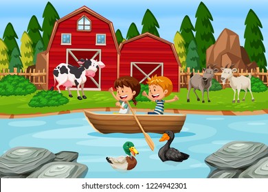 Children paddle wooden boat at farm illustration