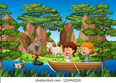 Children paddle wooden boat in forest illustration
