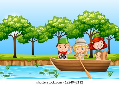 Children paddle wooden boat illustration