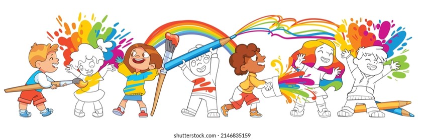 Children paint each other with paint in different colors. Black and white images turn to color with magic. Concept art. Colorful cartoon characters. Funny illustration. Isolated on white background