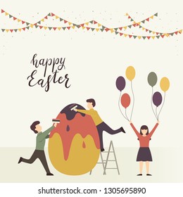 Children paint Easter egg. Decorative background with pennants and lettering Happy Easter, illustration.