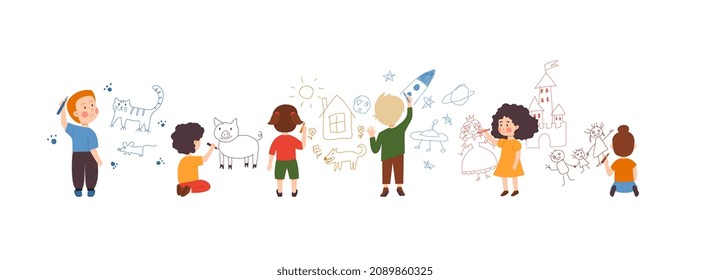 Children Paint On Wall, Flat Vector Illustration Isolated On White Background. Group Of Kids Boys And Girls Cartoon Characters Drawing With Crayons On White Wall.