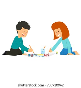 children paint with tassels on paper. vector illustration