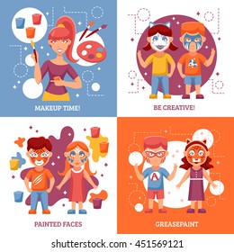 Children With Painted Faces Concept. Party With Greasepaint Vector Illustration. Painted Faces Flat Icons Set. Greasepaint For Kids Design Set. Makeup For Children Isolated Elements.