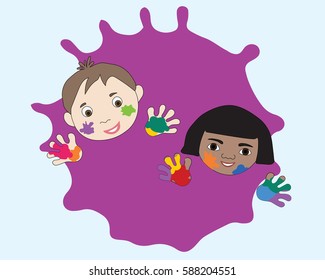 Children with painted handprints and colored spots on the face. Holi Festival