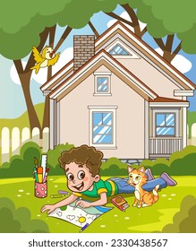 children paintig on the background of a house. Vector cartoon illustration