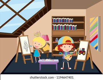 Children Painting Attic Illustration Stock Vector (royalty Free 