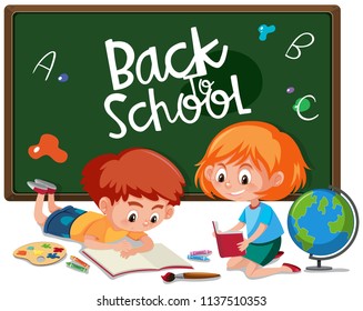 Children painting and chalkboard illustration