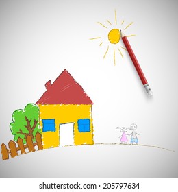 Children painting. Children's drawing a pencil, vector illustration.