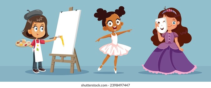 
Children Painting, Dancing and Acting Showing Talent Vector Illustration. Cheerful girls having many talents performing in a talent show 
