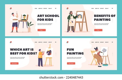 Children Painting Landing Page Template Set. Little Boys or Girls Characters Drawing in Artist Studio or Art School Workshop Create Pictures with Dye and Paintbrush. Cartoon People Vector Illustration