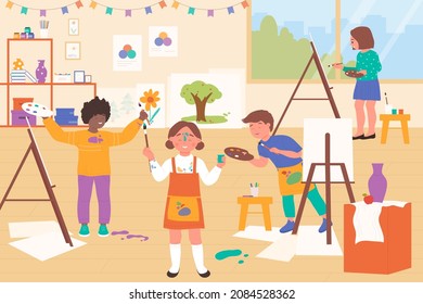 Children painting on art class or workshop with fun vector illustration. Cartoon girls and boys artists drawing with easel or canvas stand, paint and brush on lesson in kindergarten. Education concept