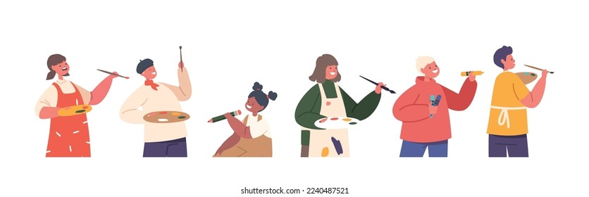 Children Painting with Palette and Brushes. Little Boys and Girls Characters Drawing in Artist Studio or Art School Workshop Create Pictures with Dye and Paintbrush. Cartoon People Vector Illustration