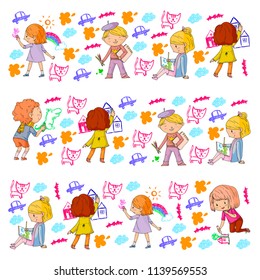 Children painting. School and kindergarten kids creative class. Education, play and grow together. Boys and girls drawing by pen and pencils. Playground.
