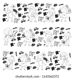 Children painting. School and kindergarten kids creative class. Education, play and grow together. Boys and girls drawing by pen and pencils. Playground.