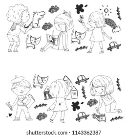 Children painting. School and kindergarten kids creative class. Education, play and grow together. Boys and girls drawing by pen and pencils. Playground.